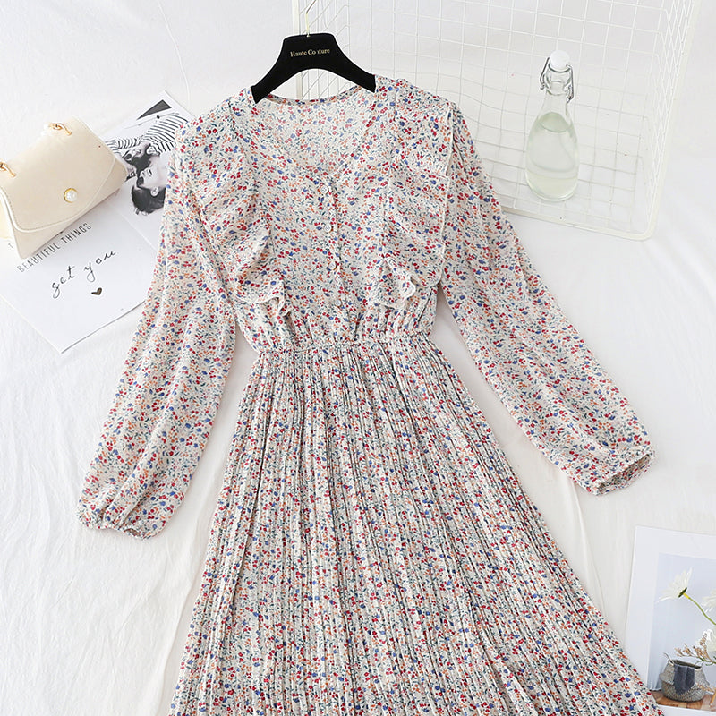 Neu Rüschen-Chiffonkleid mit Faltenrock 4079