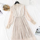 Golden velvet mesh dress lace pleated long skirt  4373