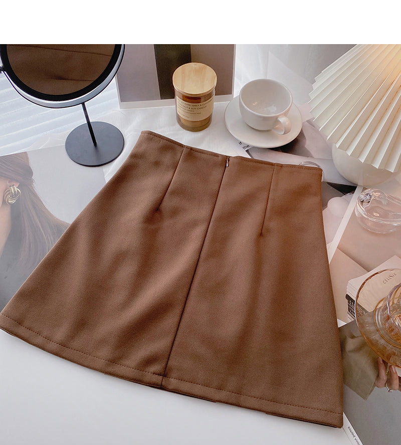 Niche design double row buttons show thin crimp high waist skirt  5652