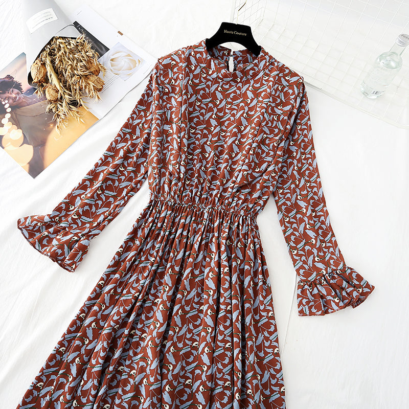 Rüschenärmel an der Taille schließendes, schmales, weit schwingendes Blumenkleid 4830