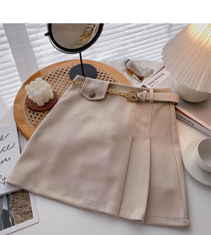 Small design retro chain high waist A-line skirt with belt  5458