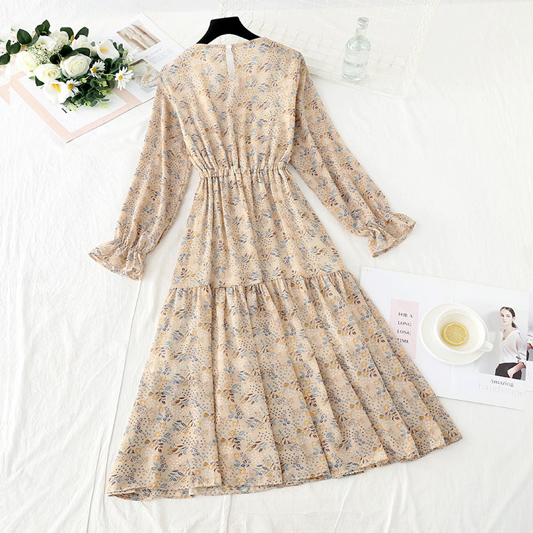 Chiffon waistband slim round neck fungus super xiansen floral skirt  3932