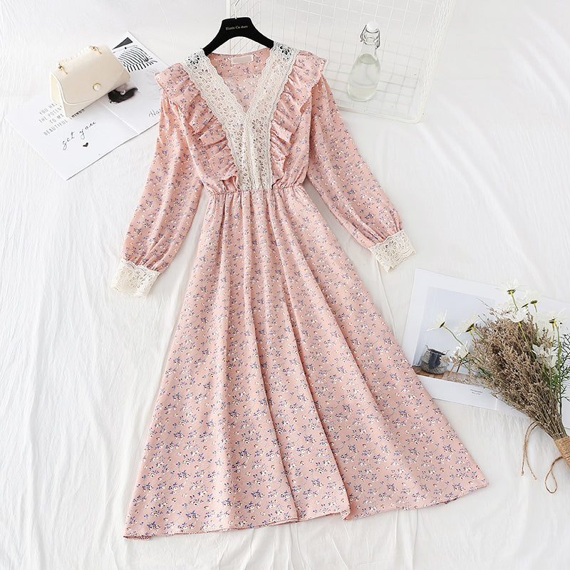 Lace stitched chiffon skirt shows thin elastic waist temperament  4080