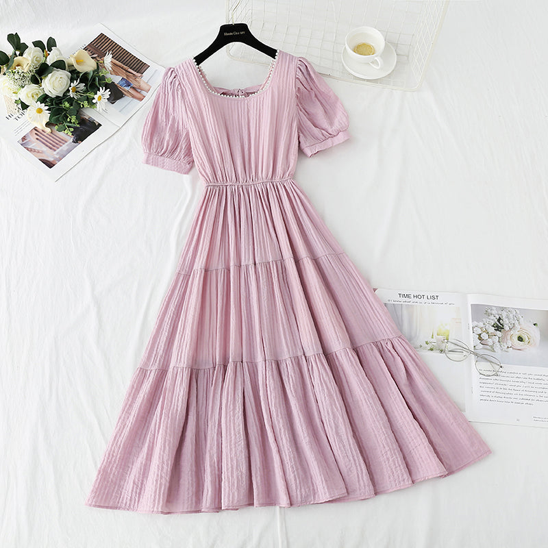 French square neck cotton linen dress  4275