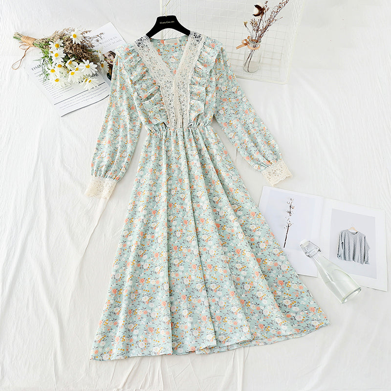 Lace stitched chiffon skirt shows thin elastic waist temperament  4080