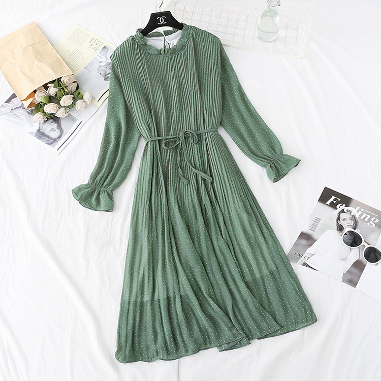 Gentle wind French retro wave point chiffon dress women  3986