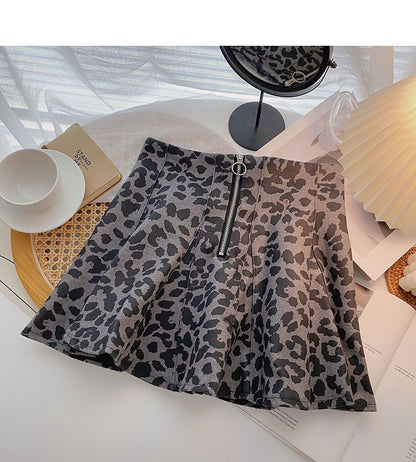 Design sense personalized zipper high waist A-line leopard skirt  5315