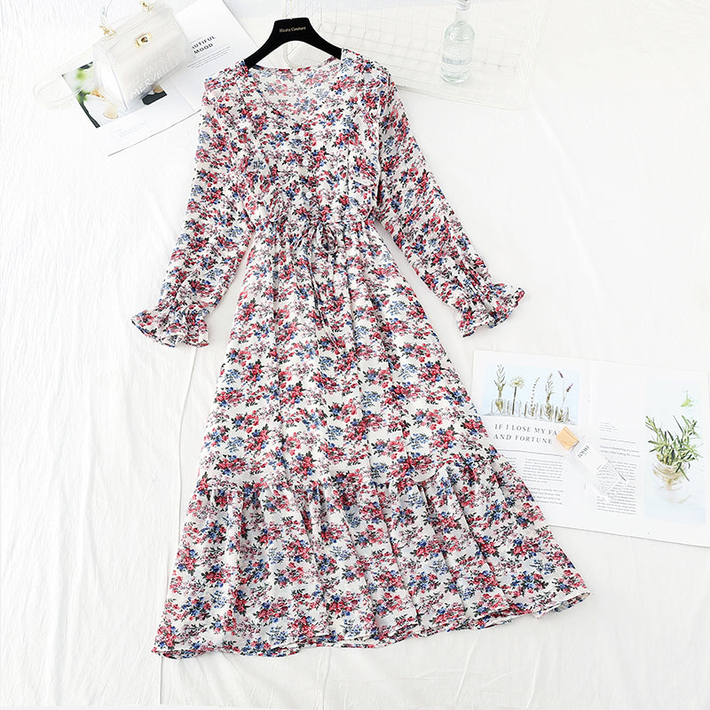 Thin pleated lace up temperament gentle wind long skirt  3867