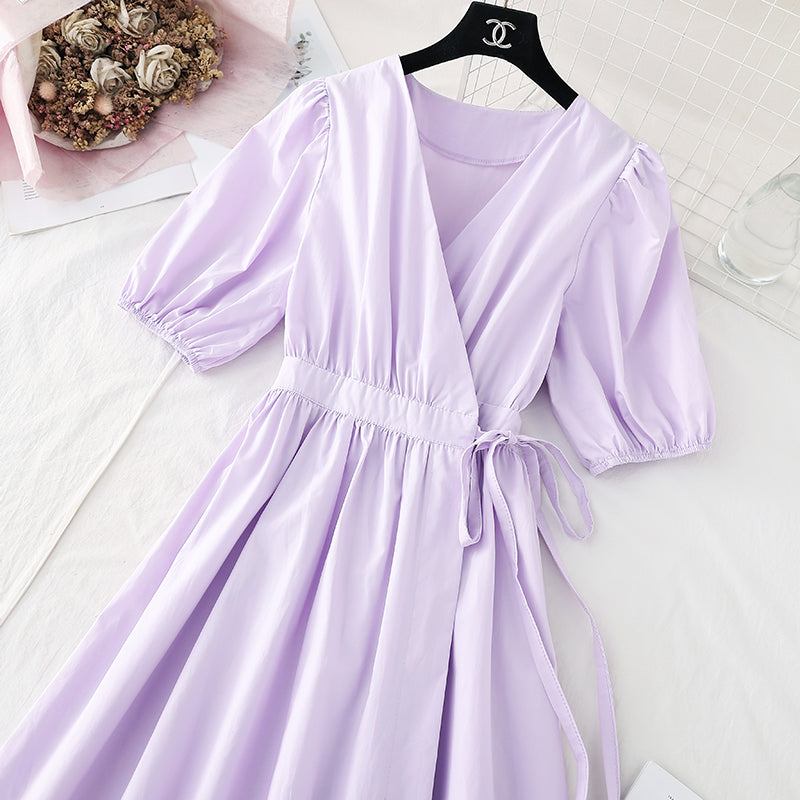 Lace up waist for thin temperament French retro bubble sleeve long skirt  4146