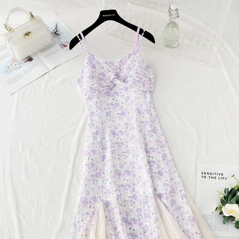 Design sense niche purple fishtail skirt Chiffon floral suspender dress  4409