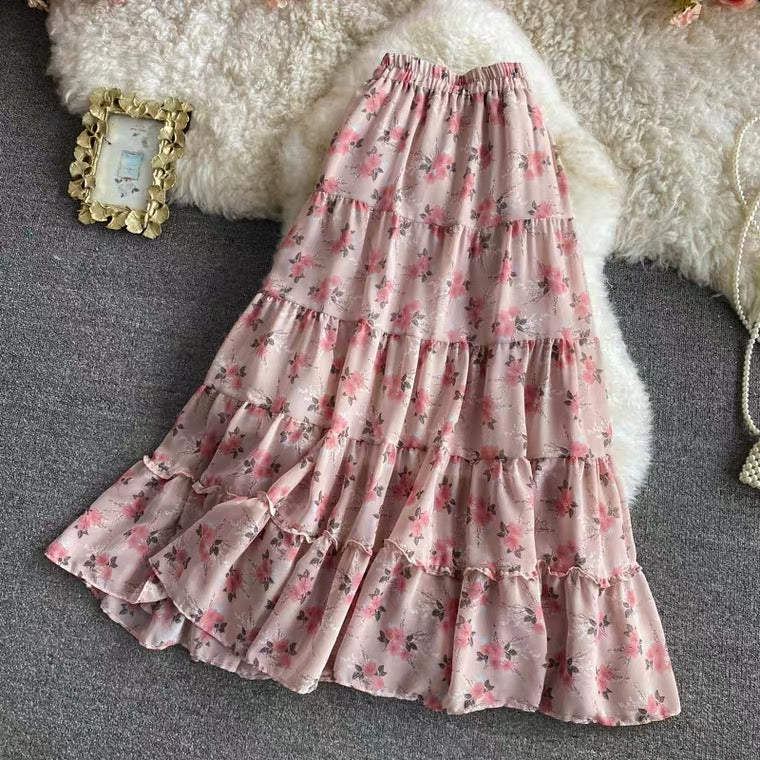 Geblümter Chiffonrock mit elastischer Taille, süßer langer All-Match-Rock, langer A-Linien-Rock mit hoher Taille und großem Schwung 3562