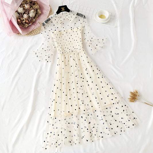 Small wave dot mesh dress retro long skirt over the knee  4465
