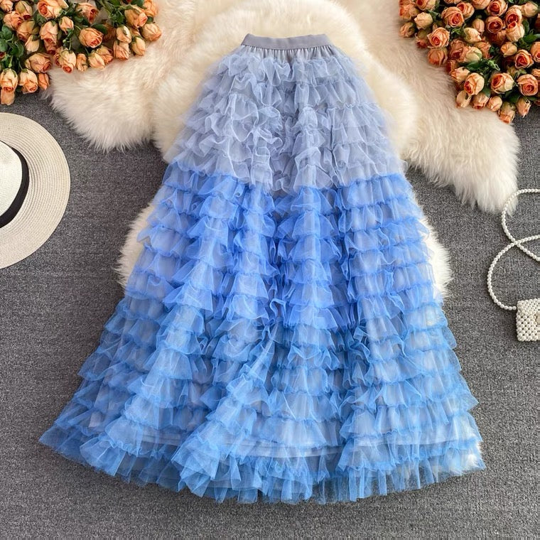 Fairy skirt pleated mesh skirt, versatile, long midi skirt, elastic waist, layer cake skirt, elegant skirt  3530