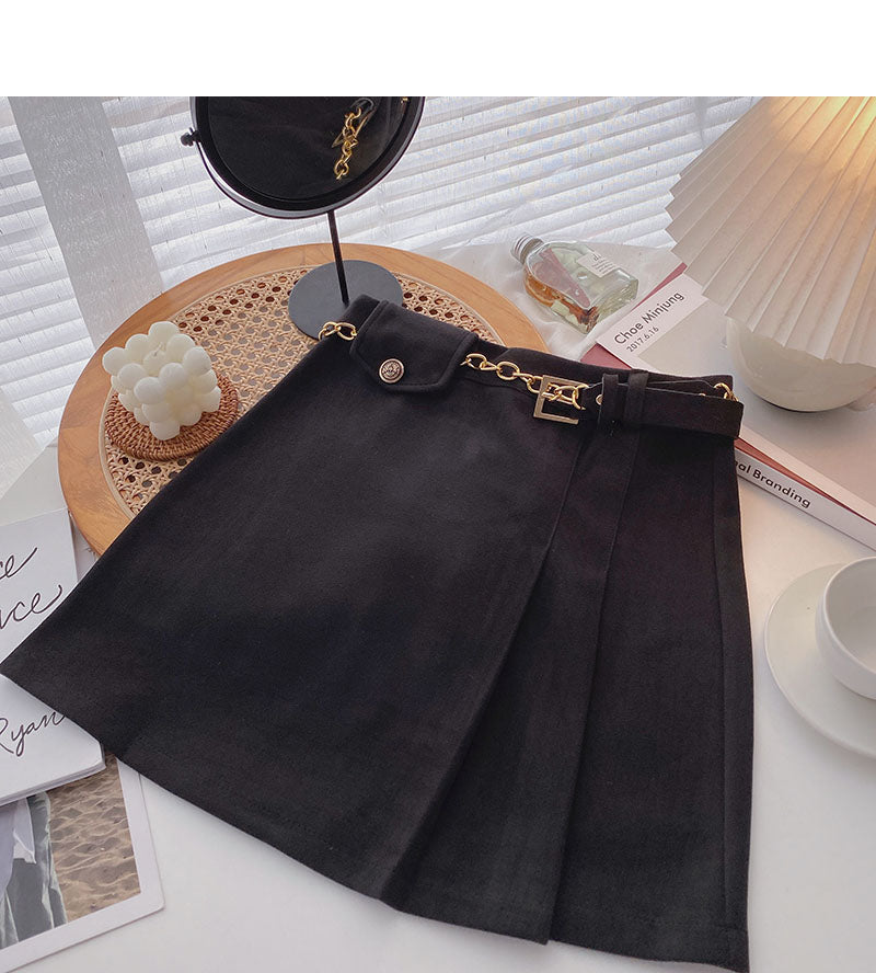 Small design retro chain high waist A-line skirt with belt  5458