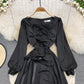 Bubble sleeve square neck dress waist strap black small foreign skirt  3789