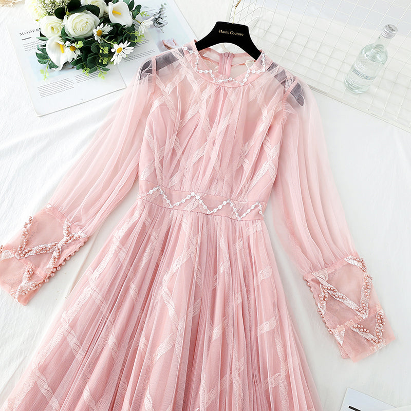 New style temperament, slim waist, sweet pearl Sequin mesh long skirt  4724