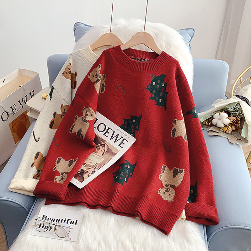 Weihnachtsroter Pullover Damen Pullover ausländischer Stil fauler Wind Pullover 4946