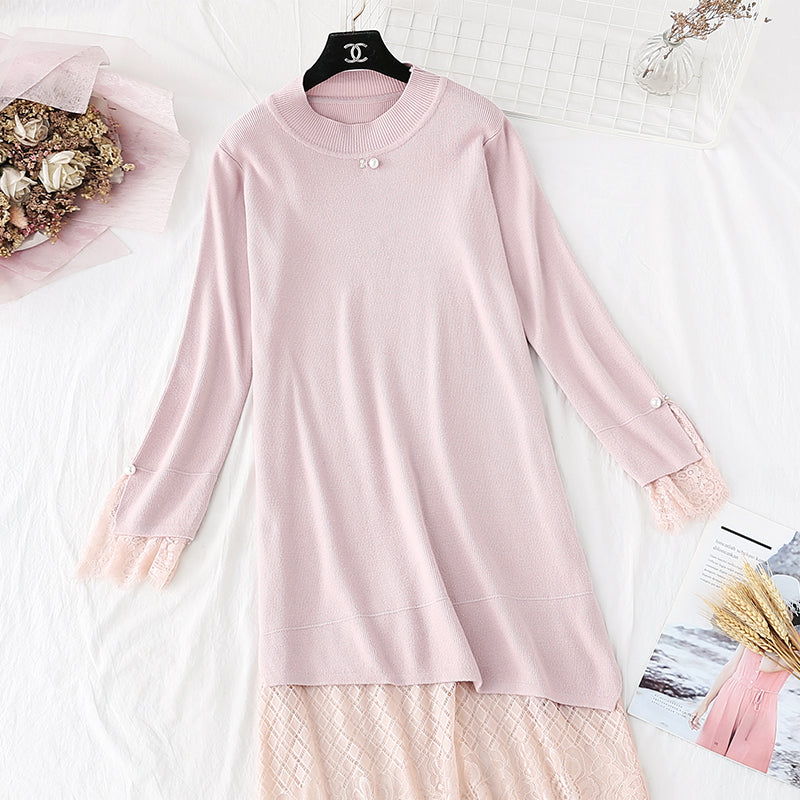 Sweater skirt lace stitching fake two-piece bottom long  4009