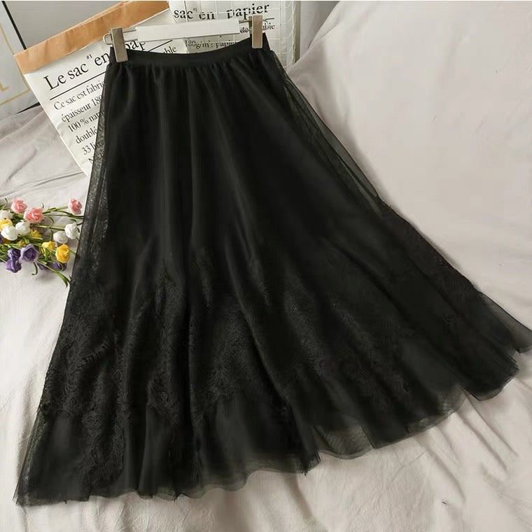 Sweet wind, embroidered medium length, high waist lace skirt  3617