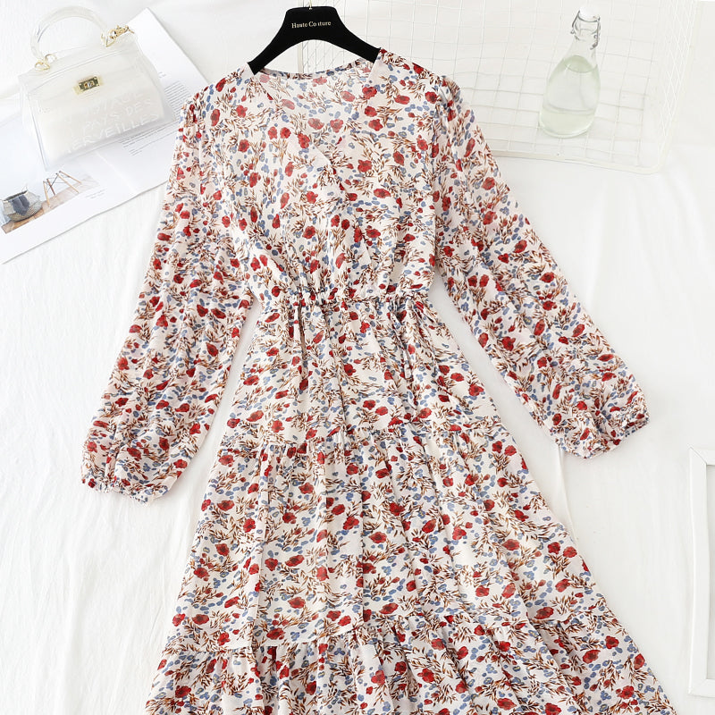 V-neck lace up waist Floral Dress  4062