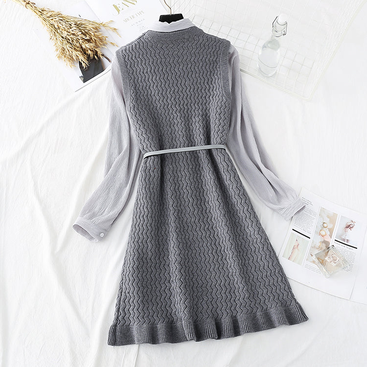 Sweater vest vest skirt with chiffon bottomed shirt set  3804