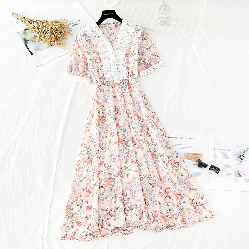 New soft wind floral skirt, slim waist, French minority dress  4643