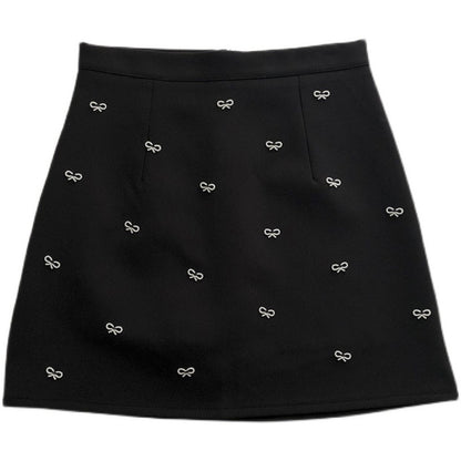 Korean Vintage nail bead bow solid A-line skirt  5317