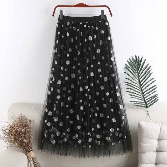 New style, double mesh, Daisy high waist A-line skirt, mid-length skirt  3589