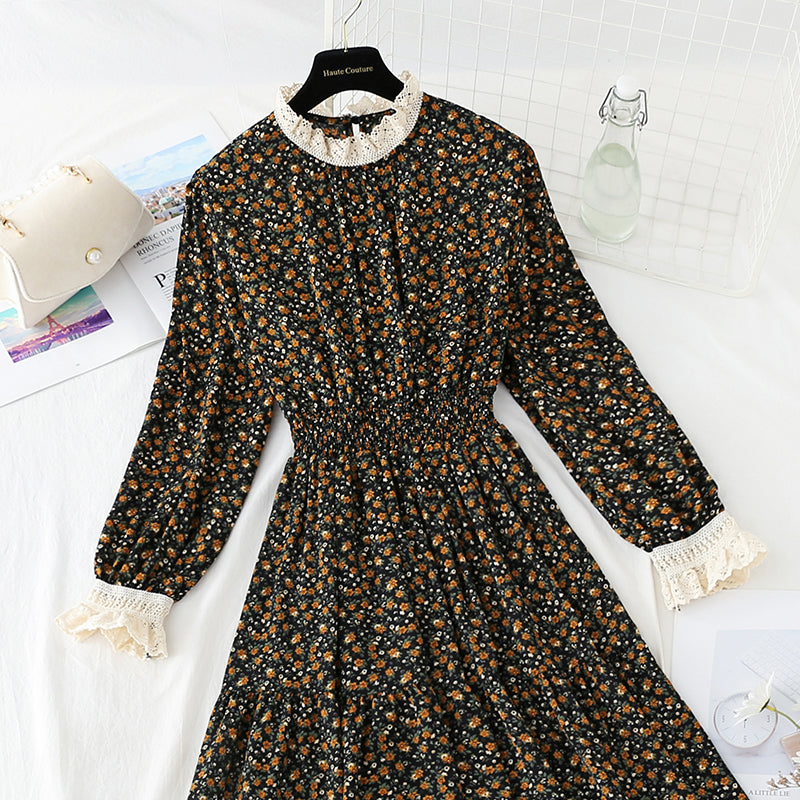 Lace patchwork floral dress with bottom skirt for women  4056
