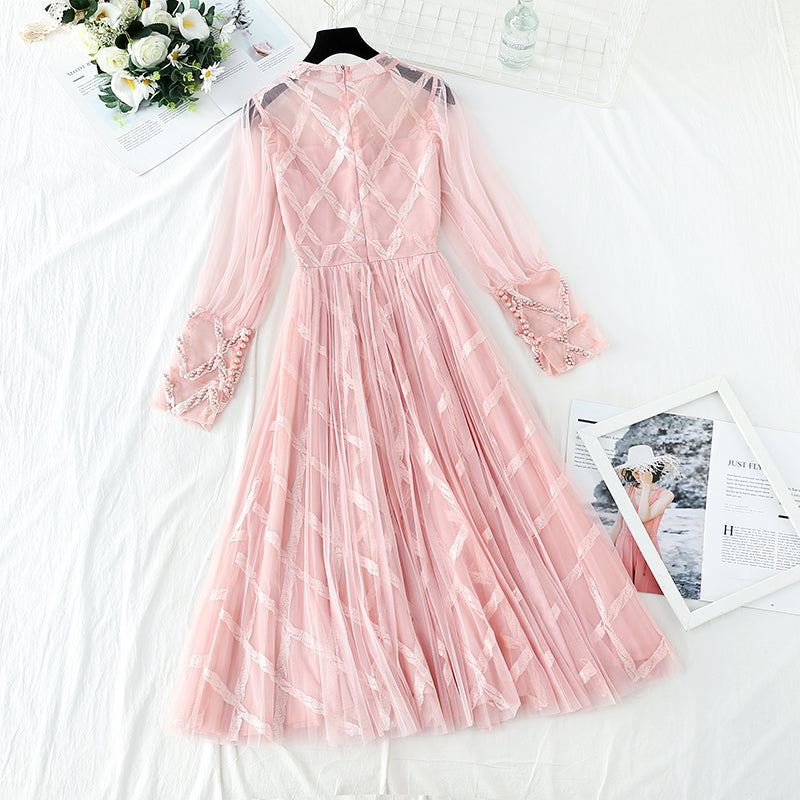 Slim waist, sweet pearl Sequin mesh fairy long skirt  4400