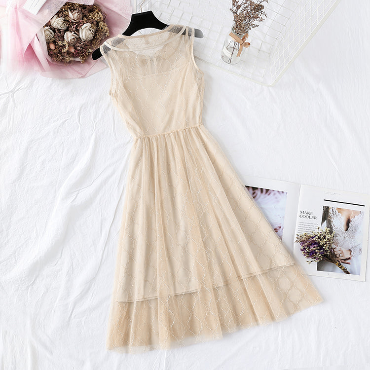 National style mesh dress retro suspender skirt  4348