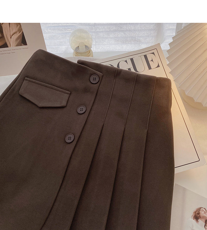Three button design high waist pleated skirt for women  5424