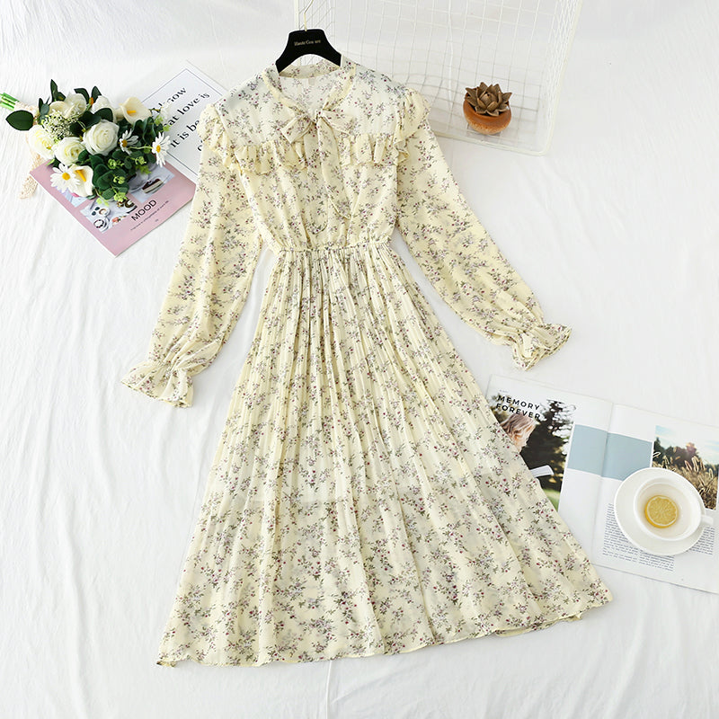 Bow chiffon dress shows thin temperament, slim pleated floral skirt  4089