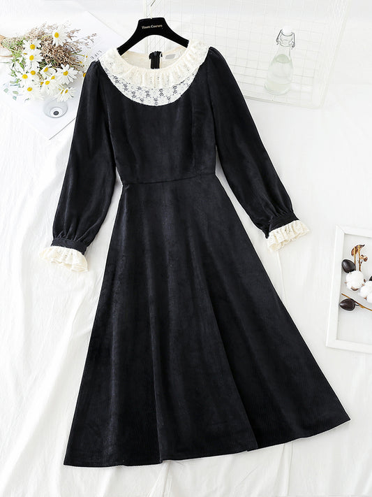 Samtkleid mit Spitzenkragen Retro High Waist Slim 4795