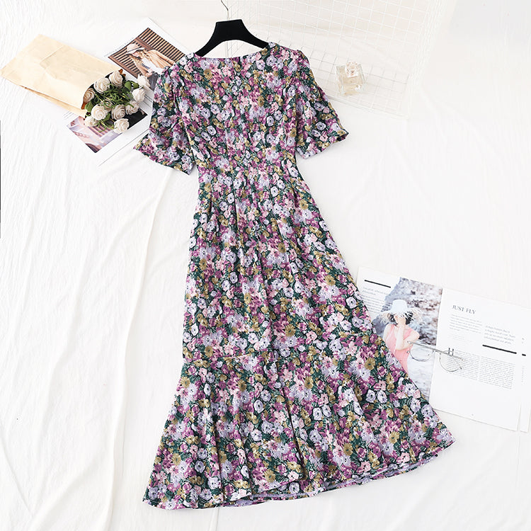 The new waist is slim, French retro Chiffon oil painting fishtail skirt  4585