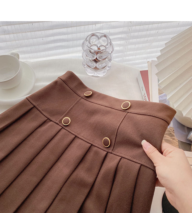 Double breasted decorative high waist design sense of aging retro A-line skirt  5444