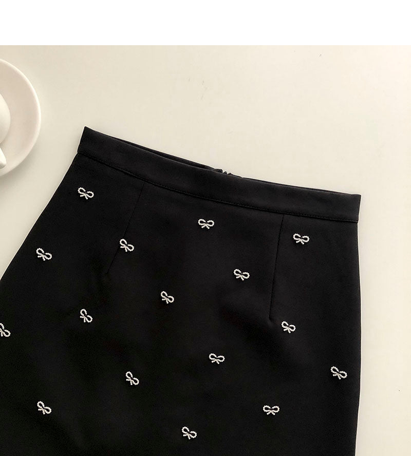 Korean Vintage nail bead bow solid A-line skirt  5317