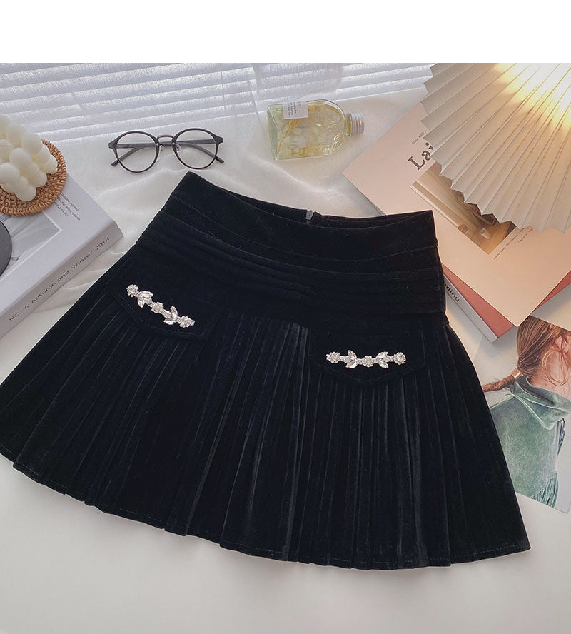 Golden velvet skirt, small design, decorative high waist A-line skirt  5334