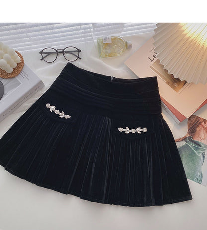 Golden velvet skirt, small design, decorative high waist A-line skirt  5334