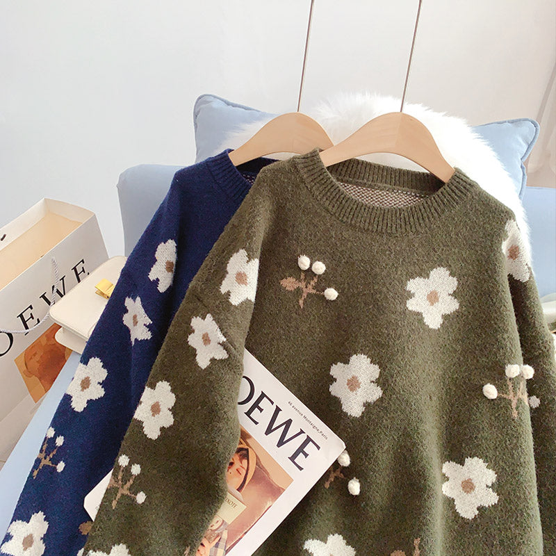 Vintage-Blumen-Pullover Rundhals-Jacquard-Pullover 5207