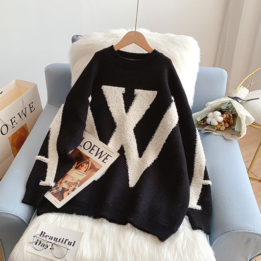 Lazy letter three-dimensional flocking jacquard sweater  5043