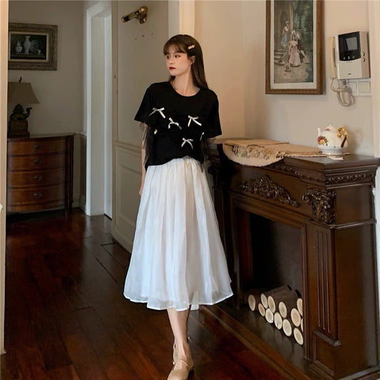 White midi skirt, high waist A-line skirt  3648