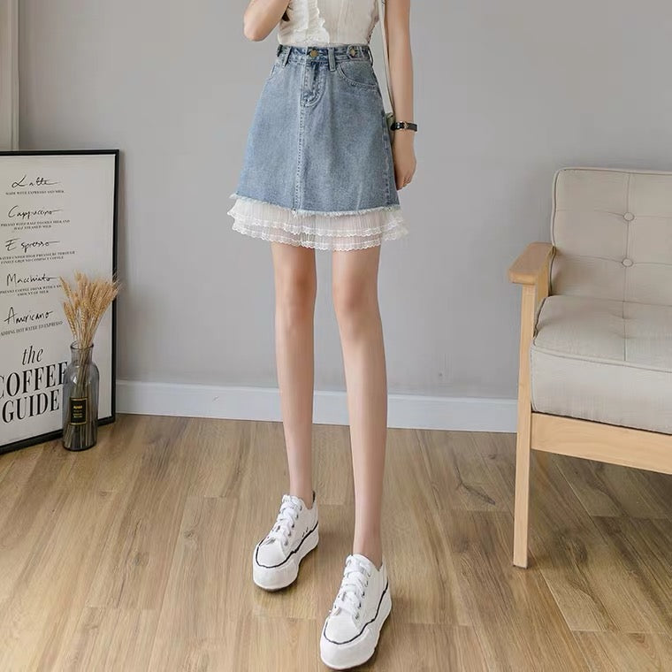 New, high-waisted denim patchwork A-line skirt, casual skirt  3606