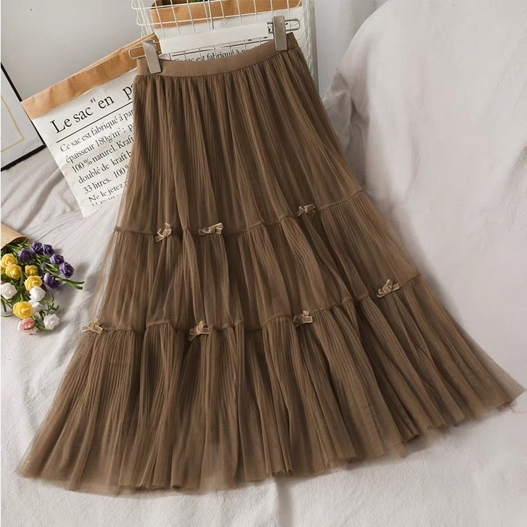 Super fairy bow decoration, splicing A-line skirt, sweet high waist tulle skirt  3603