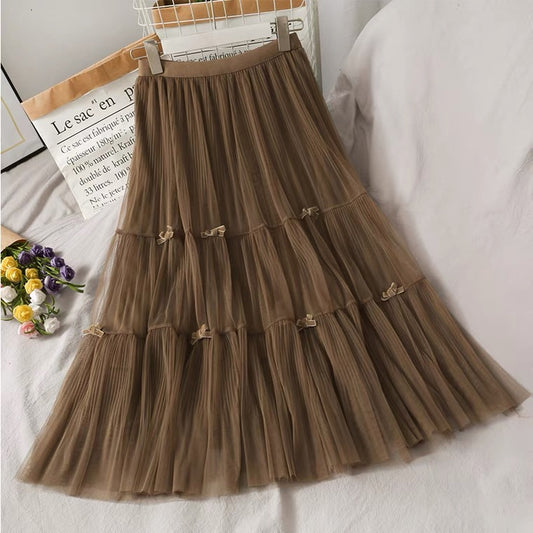 Super fairy bow decoration, splicing A-line skirt, sweet high waist tulle skirt  3603
