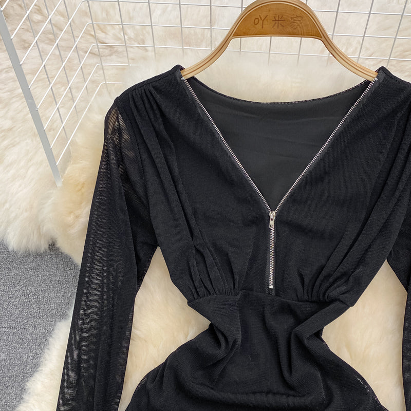 Sexy Kleid 3788 mit Reißverschluss an der Hüfte und langen Ärmeln mit V-Ausschnitt im Hongkong-Stil