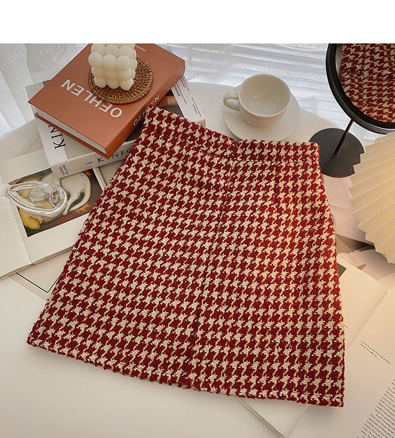 Retro Hong Kong flavor thousand bird lattice thin short skirt women's wear  5297