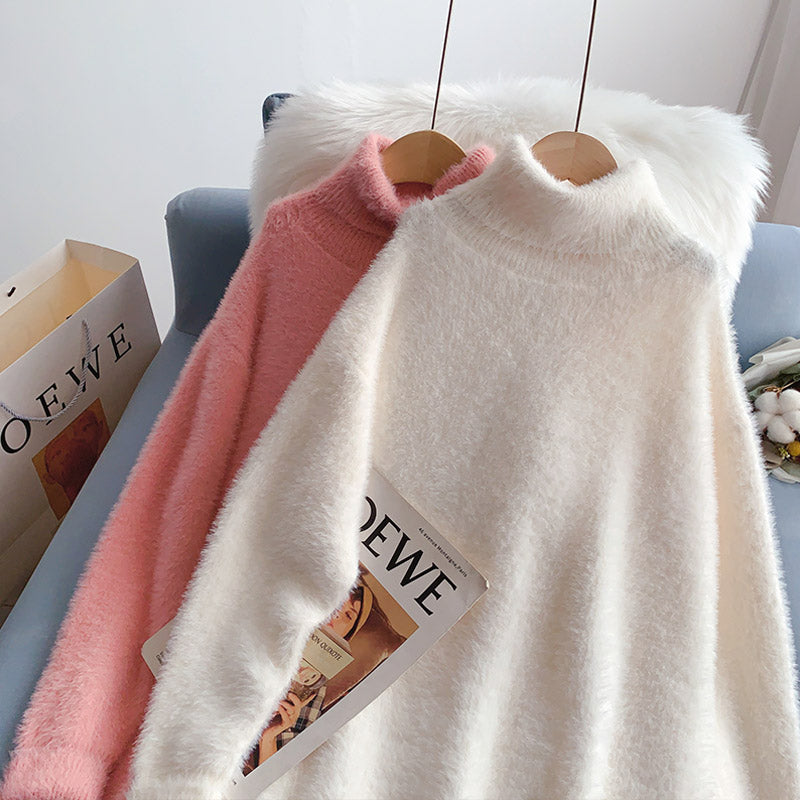 Imitation mink pink turtleneck sweater soft waxy female  4940
