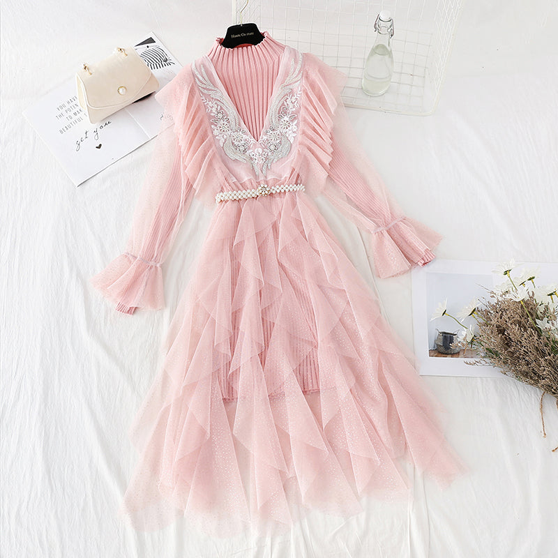 Embroidered mesh shows thin temperament knitted dress for women  4092