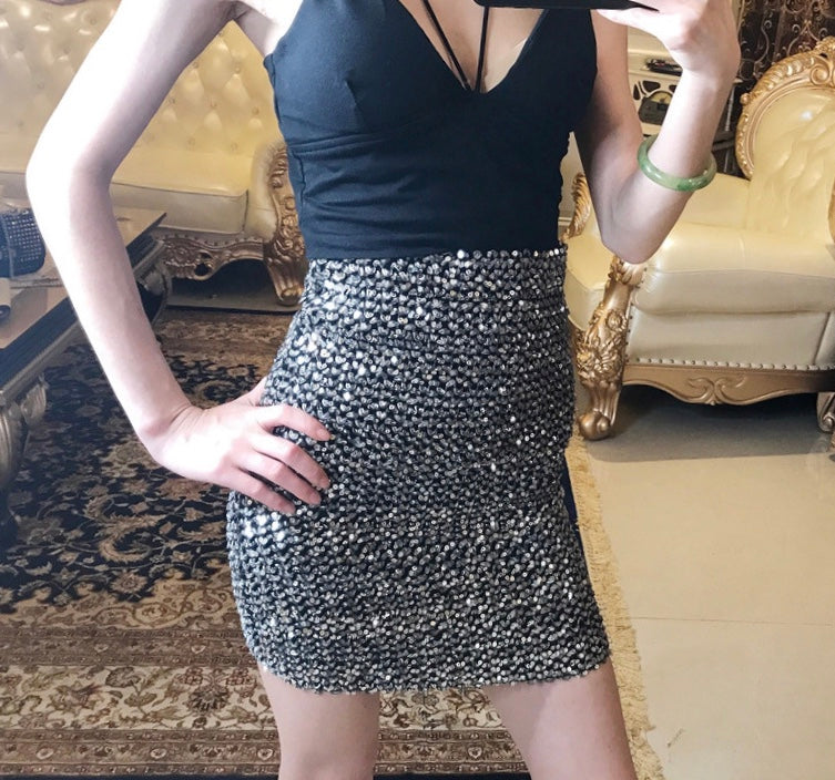 Spring and summer, blingbling sequins, elastic and versatile, slim and buttock skirt  3682